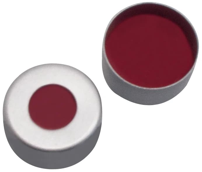 8mm Aluminium Bördelkappe,farblos lackiert, mit Loch,PTFE rot/Silicon weiß/PTFE rot,45°shore A,1mm