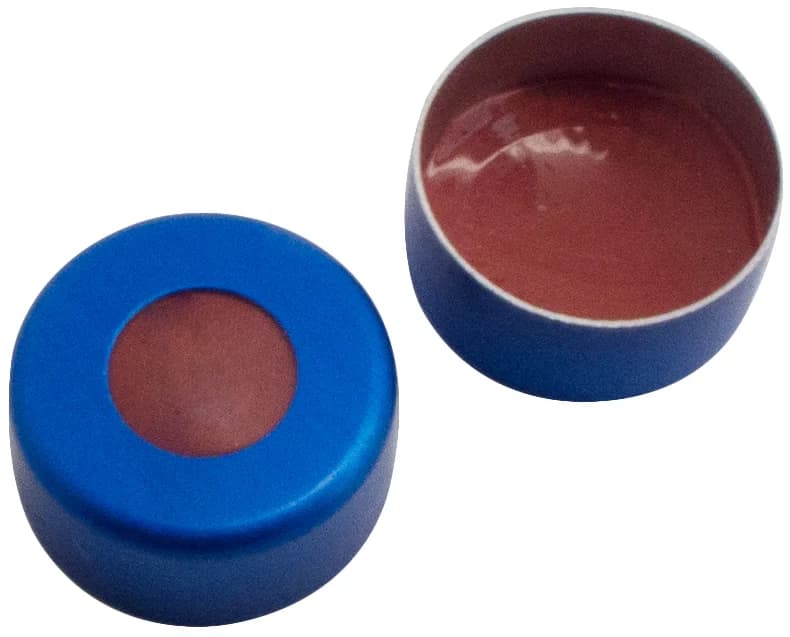 Aluminium Bördelkappe ND11, Kappe blau lackiert 5,5 mm Loch, 45° shore A, 1 mm NK rot-orange/Butxl