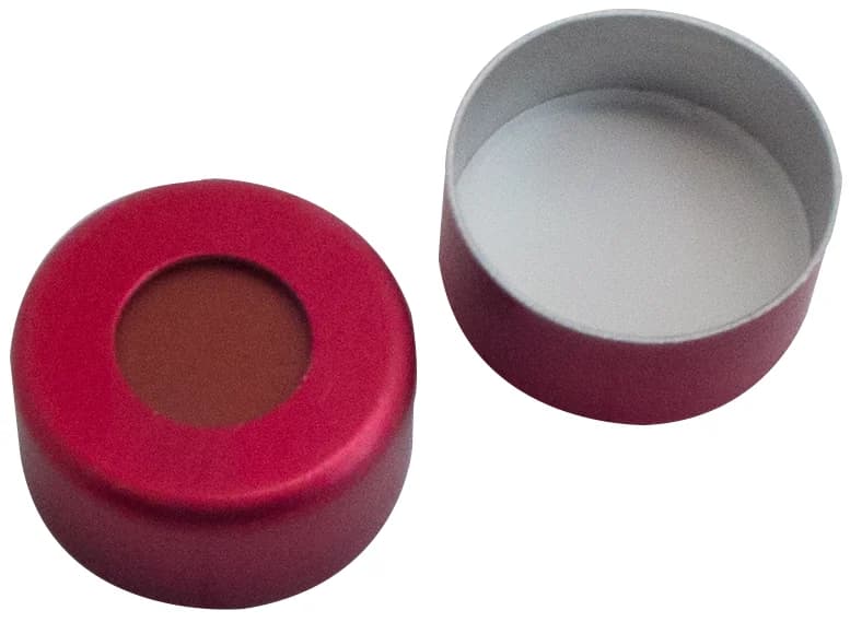 Alu Bördelkappe rot lackiert,5.5mm Loch RedRubber/PTFE beige,45°shore A, 1.0mm