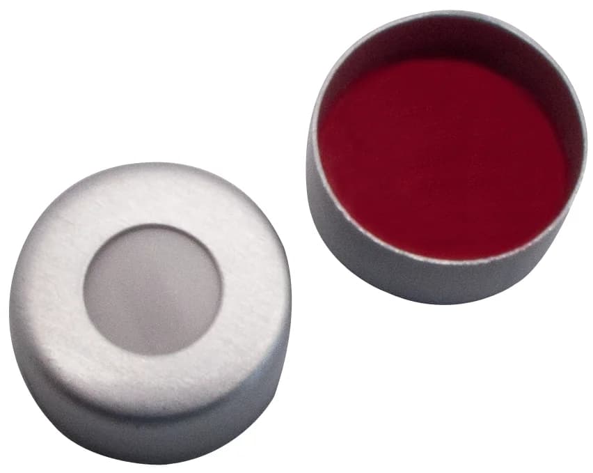 Aluminium Bördelkappe ND11, farblos lackiert 5,5 mm Loch, UltraClean, Silikon weiß/PTFE rot  45° sho