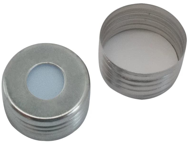 18 mm Magnetic Screw Cap silver, 8 mm centre hole,Silicone blue transp./PTFE white