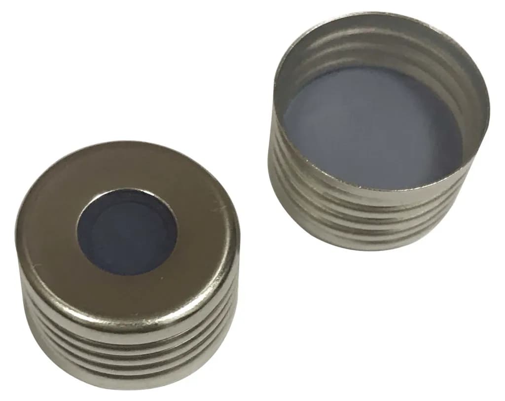 18 mm magnetische Schraubkappe silber, mit Loch, Formscheibe Silikon blau/PTFE farblos, 3 mm