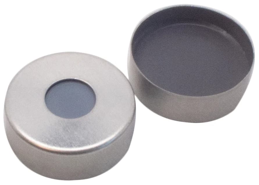 Magnetische Bördelkappe silber, 8 mm Loch, Butyl/PTFE grau, 50°shore A, 3.0 mm