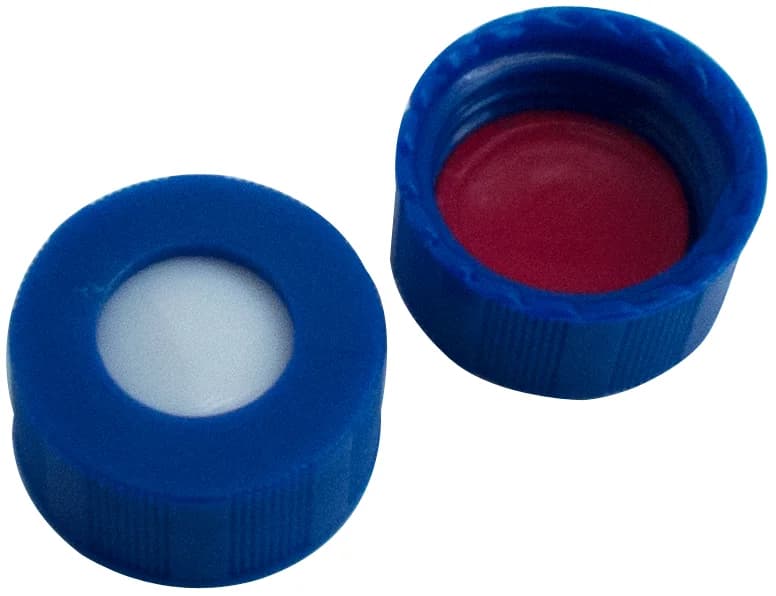 9mm PP Kurzgewindeschraubkappe, blau geriffelt, 6mm Loch, 9mm Scheibe Silicon weiß/ PTFE rot, 45 sho