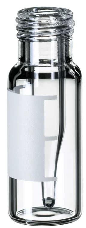 Kurzgewindeflasche mit integrierten Mikroeinsatz 0,2 ml, 32 x 12 mm, Klarglas, Beschriftungsfeld