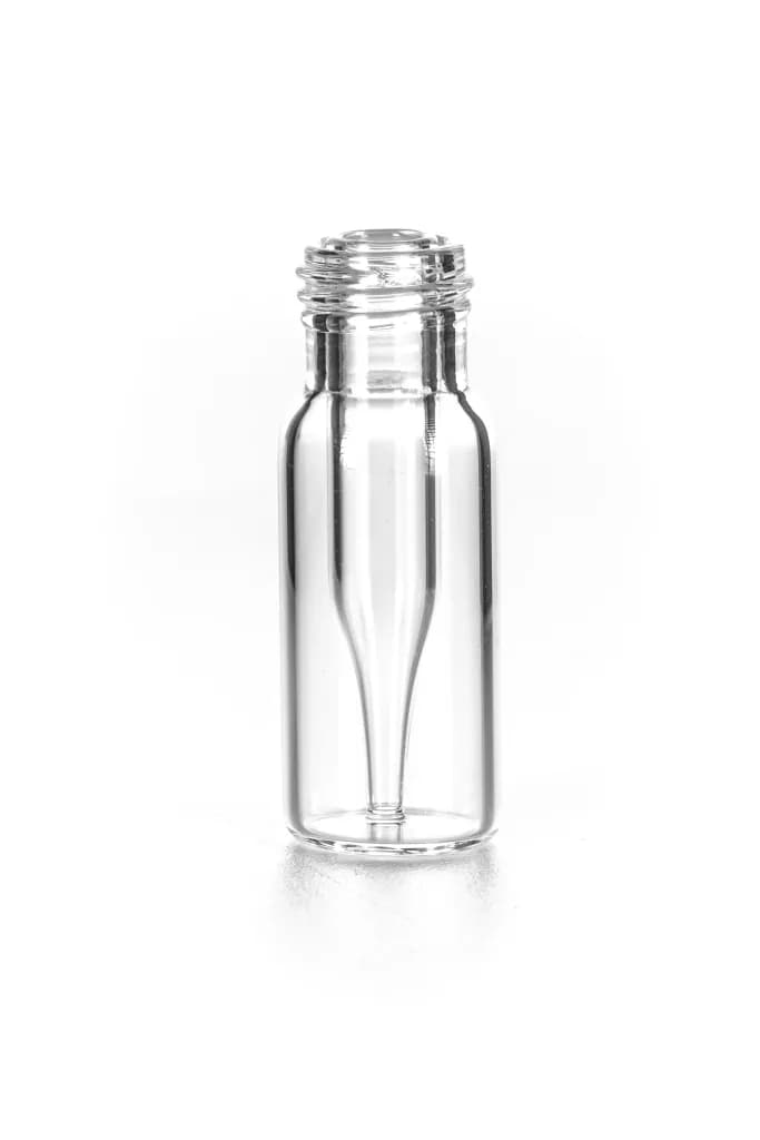 Kurzgewindeflasche ND9 mit integriertem 0,3 ml Mikroeinsatz, 32 x 11,6 mm, Klarglas, 1. hydrolytische Klasse, "Base Bond", mit schmalem Mikroeinsatz