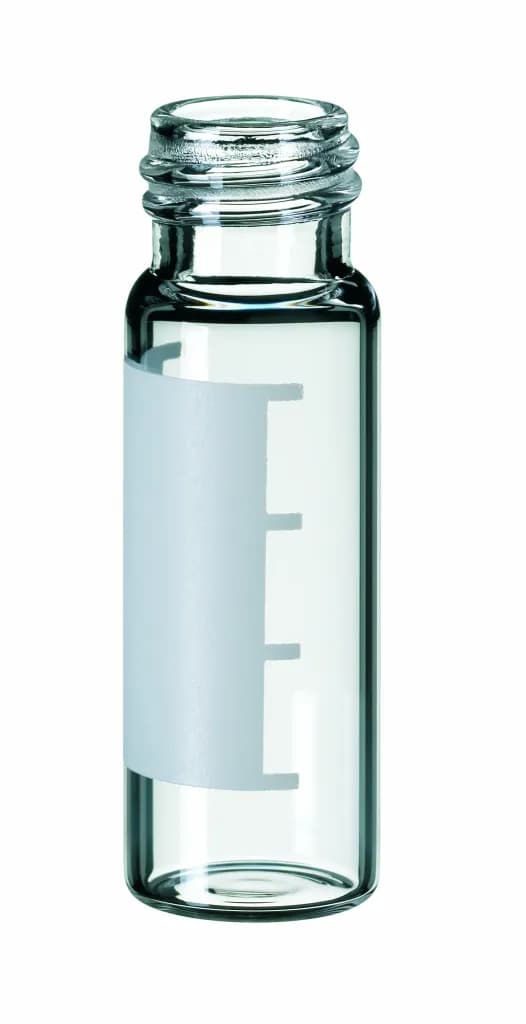4 ml screw neck vial, 45 x 14.7 mm, clear glass 1st hydrolytic class, label and filling lines  Pack
