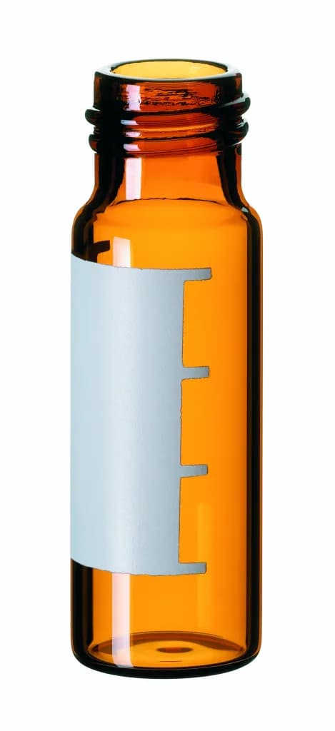 4 ml Gewindeflasche 45 x 14,7 mm, Braunglas Schriftfeld und Füllmarkierungen