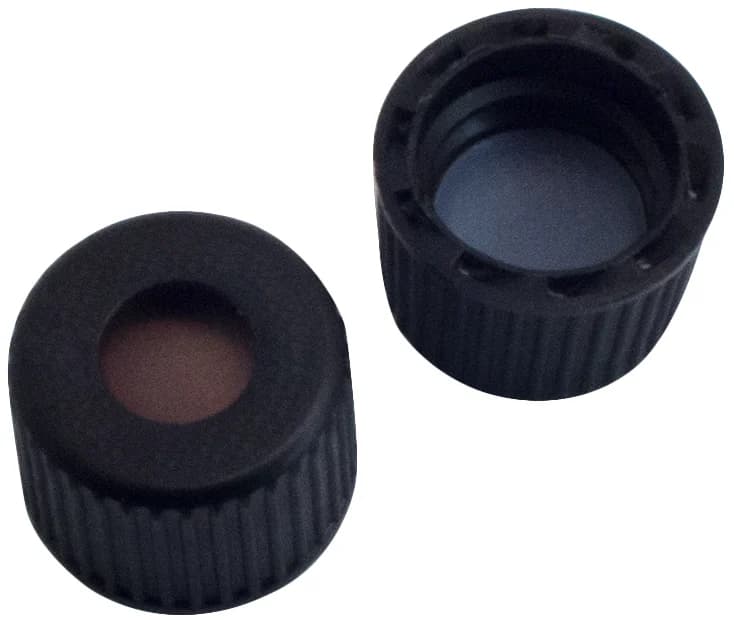 PP Schraubkappe ND8, schwarz, 5,5 mm Loch, Butyl creme/PTFE grau, 55° shore A, 1,3 mm