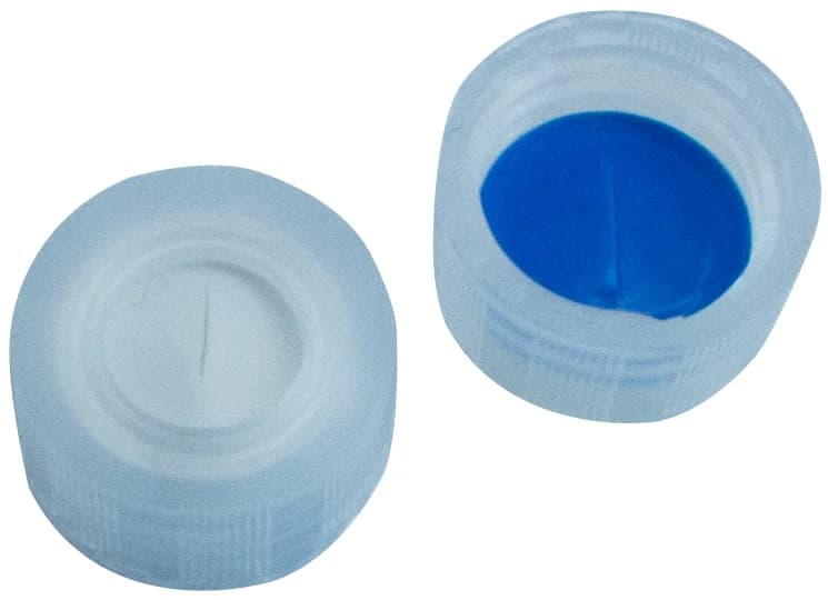 ND9 PP Schraubkappe transparent, mit Loch, Silikon weiß/PTFE blau, 55° shore A, 1,0 mm, geschlitzt