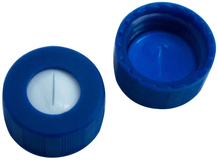 9 mm Combination Seal, PP Short Thread Cap, blue, centre hole, Silicone white/PTFE blue, 55° shore A, 1.0 mm, slit