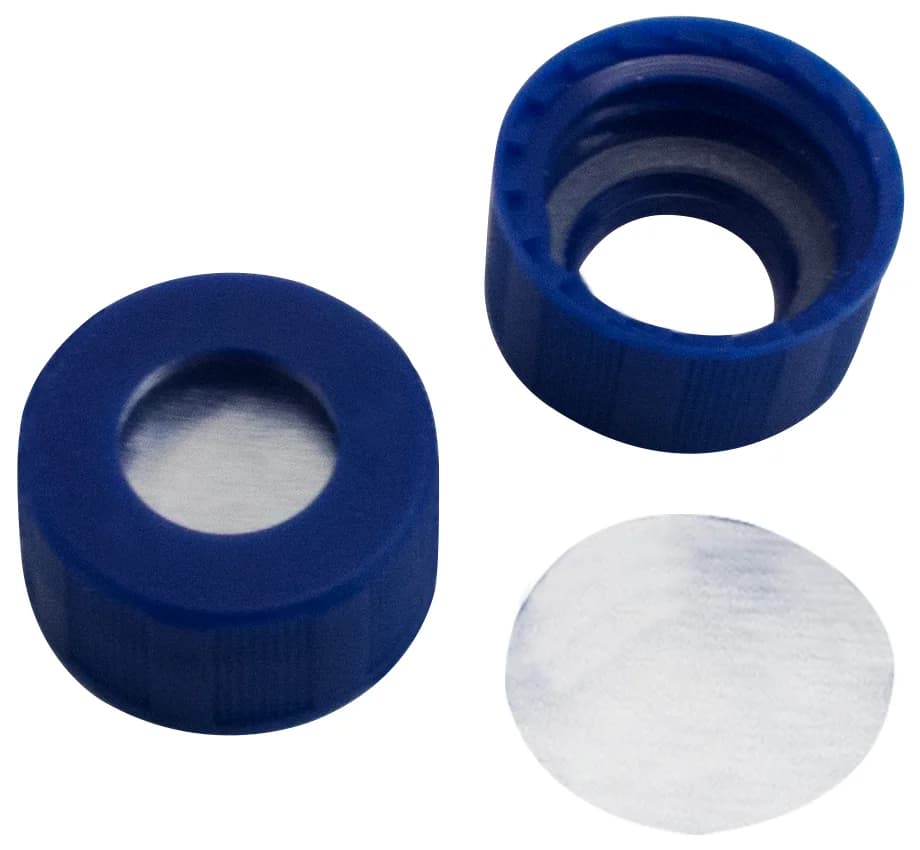 9 mm Combination Seal, Short Thread Cap, blue, centre hole, Aluminium liner, 0.1 mm (sealed by O-ring)