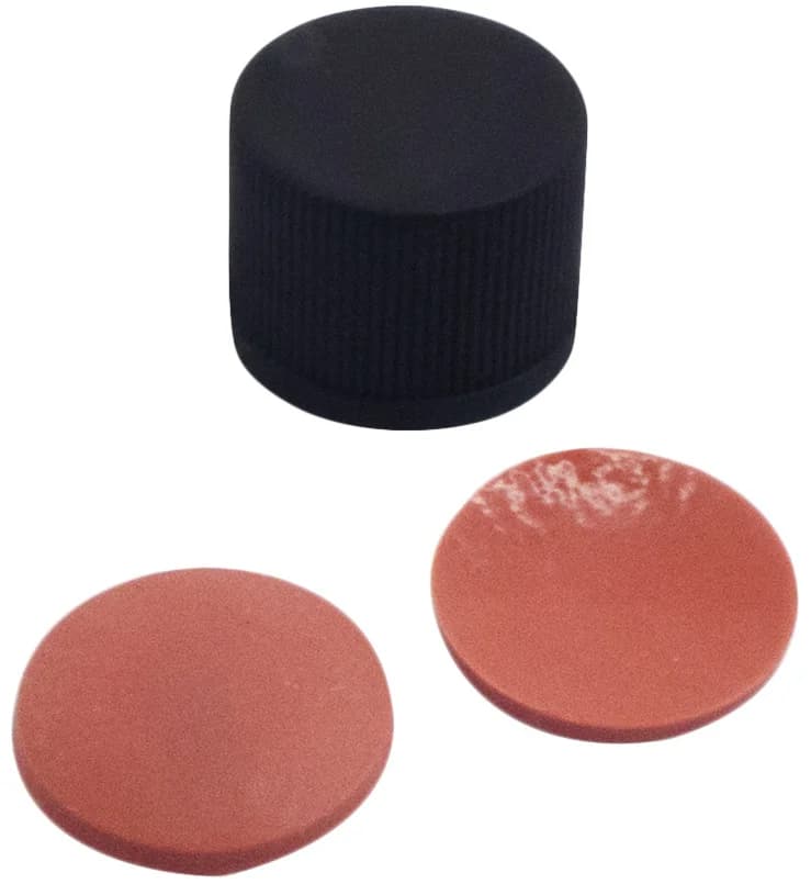 13 mm PP-Schraubkappe schwarz, geschlossen, NK rot-orange/ TEF transparent, 1,3 mm, 52 ° shore A