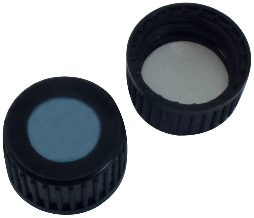 ND18 HS-Verschluss, PP Schraubkappe schwarz, 12 mm Loch, Silikon blau transparent / PTFE weiß, 45° shore A, 1,5 mm