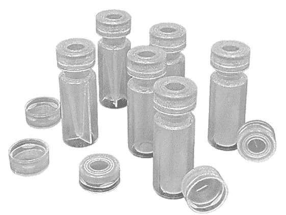 PFAS Safe guard Kit: 1.5ml PP Short Thread Vial, 32 x 11.6mm, transparent, with filling lines + 9mm PFAS Safe Guard PP Short Thread Cap ND9, transparent, with hole; Silicone white/PP transparent, SLIT