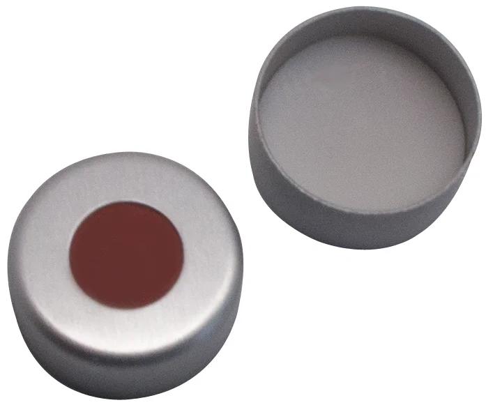 Aluminium Bördelkappe ND11, farblos lackiert mit Loch 5,5 mm Red Rubber / PTFE beige, 1,0 mm, 45° sh