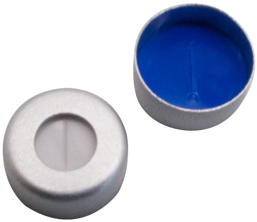 11 mm Aluminium Bördelkappe mit Loch, Silikon weiß, PTFE blau, kreuzgeschlitzt