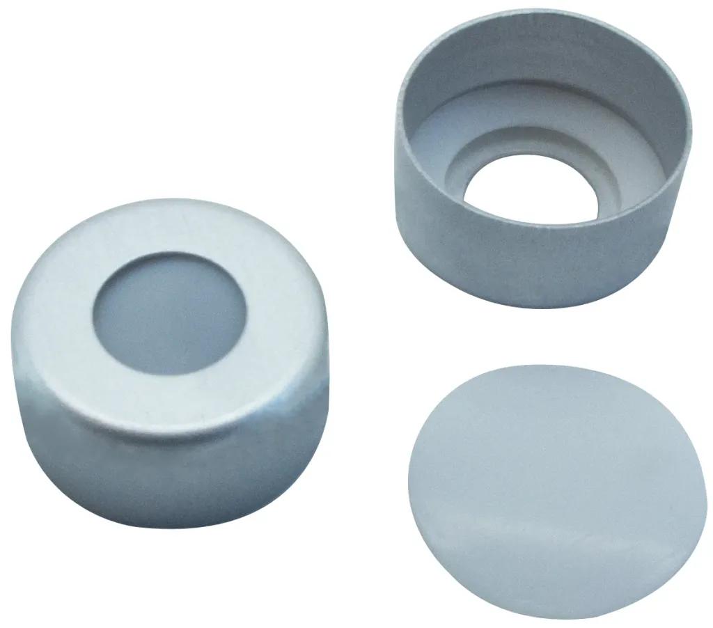 11 mm TPF Verschluss, Alu-Bördelkappe,farblos mit Loch,PTFE virginal,53°shore A,0.25mm
