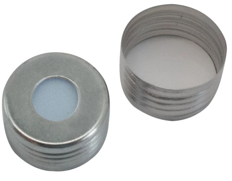 18 mm Magnetic Screw Cap silver, 8 mm centre hole,Silicone blue transp./PTFE white