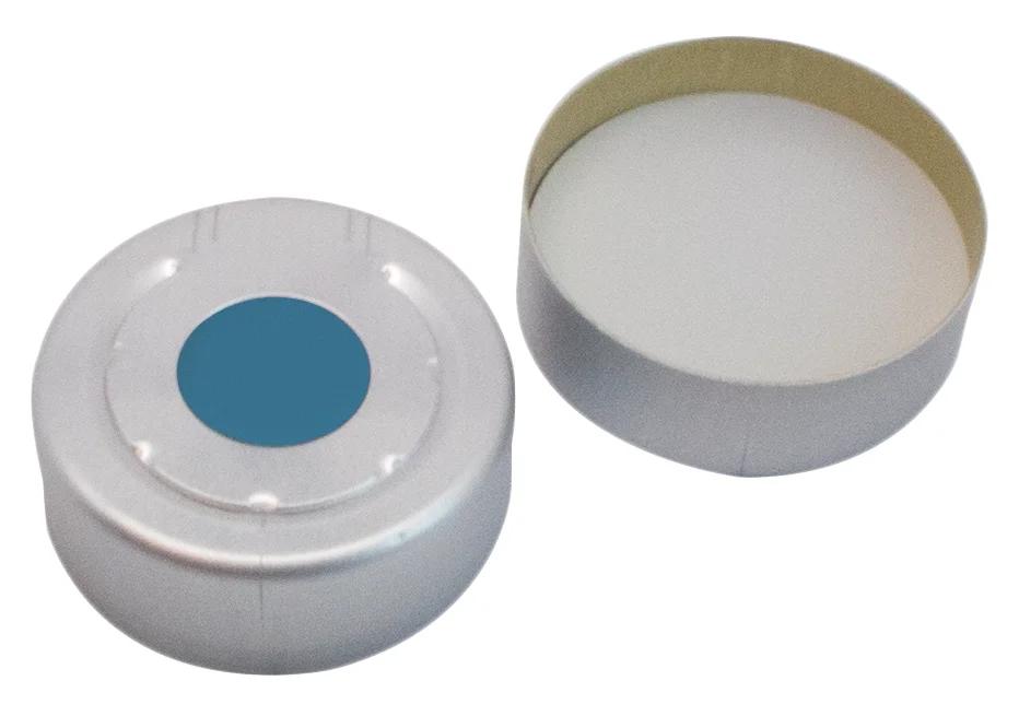 Headspace crimp caps, clear lacquered, silicone blue transparent / PTFE white, UltraClean