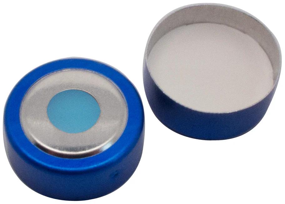 20 mm Magnetische Bimetall-Kappe, blau/silber, 8 mm Loch, Silikon blau transparent/PTFE weiß, 3,0 mm, 45° shore A