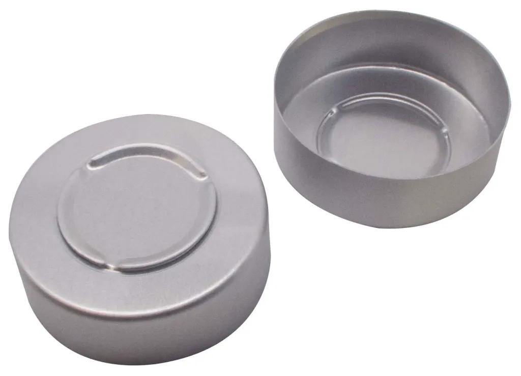 32 mm Aluminium Bördelkappe, farblos lackiert, Mittelabriss mit Lasche