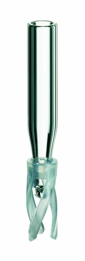 0,1ml Mikroeinsatz, 29 x 5 mm, Klarglas, für ND8 Gewindeflasche, 1. Hydrolytische Klasse, mit montiertem Polymerfuß