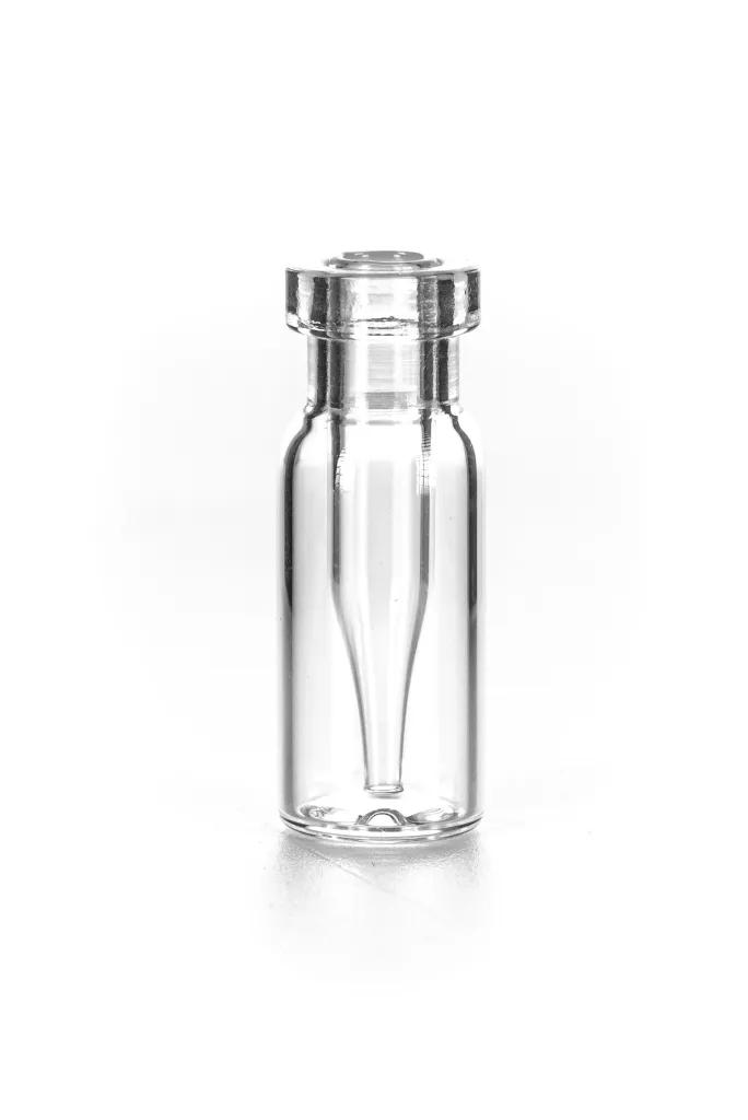 Rollrandflasche mit integriertem Mikroeinsatz 32x12mm, Klarglas, "Base bonded", mit schmalen Mikroeinsatz