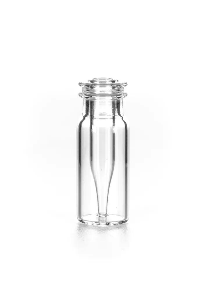 Schnappringflasche, Rollrand ND11, Klarglas, weite Öffnung flacher Boden mit integriertem Mikroeinsa