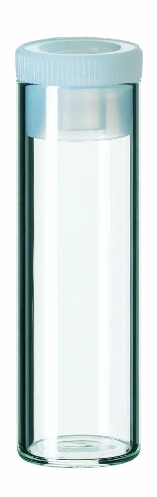 4 ml Flachbodenglas, 44,6 x 14,65 mm, Klarglas, 15 mm PE-Stopfen, transparent