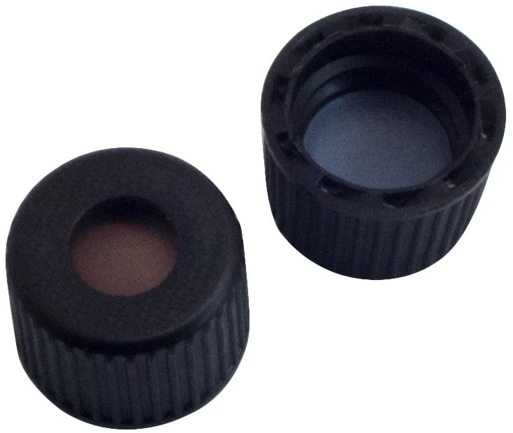 PP Schraubkappe ND8, schwarz, 5,5 mm Loch, Butyl rot / PTFE grau