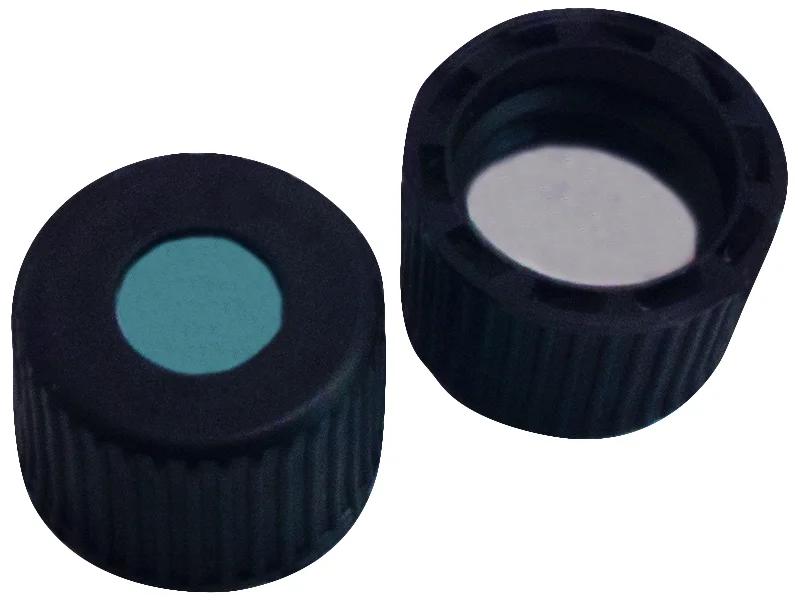 8mm PP-Screw cap black, 5.5mm centre hole. Silicone blue trans./PTFE white,45°shoreA,1.3mm