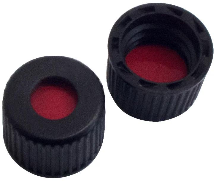 Polypropylene Screw Cap black, 5.5 mm centre hole, PTFE red / Silicone white / PTFE red