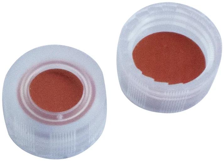 PP short thread cap, transp.,6mm centre hole,nat. rubber red-organge/TEF transp.