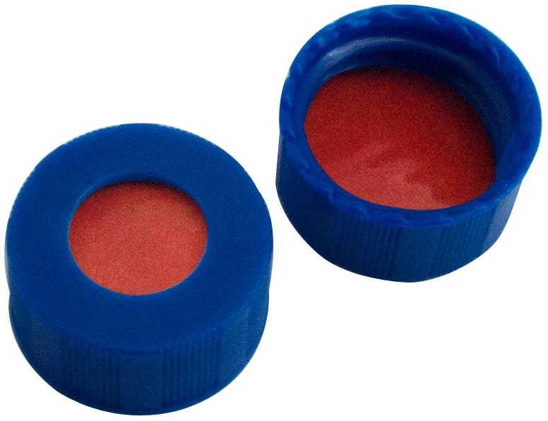 9 mm PP Kurzgewindekappe, blau 6 mm Loch, NK, rot-orange/TEF transparent