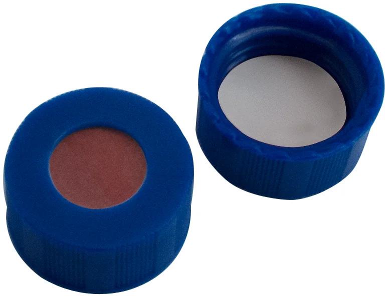 ND9 Kurzgewindekappe, blau, Loch, RedRubber/PTFE beige 45°shoreA, approved IM Quality