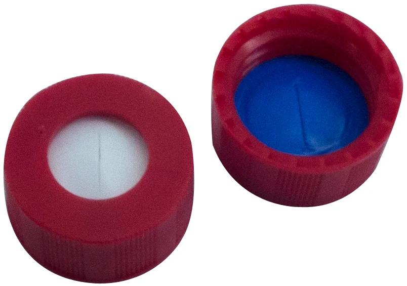 9 mm PP Kurzgewindekappe, rot mit Loch Silikon weiß / PTFE blau geschlitzt, 1 mm, 55° shore