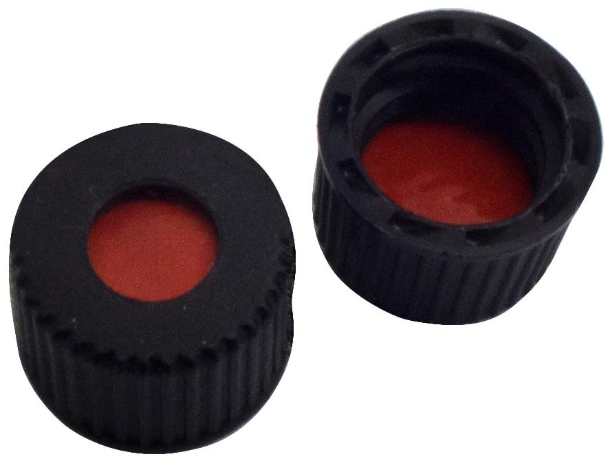 PP-Schraubkappe, schwarz, 7 mm Loch NK rot-orange/TEF transparent, 60° shore A, 1,3 mm