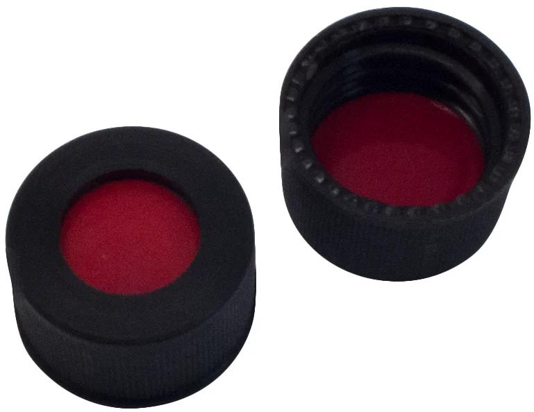PP Schraubkappe ND10, schwarz, Loch PTFE rot/Silikon weiß/PTFE rot, 1,0 mm, 45° shore A