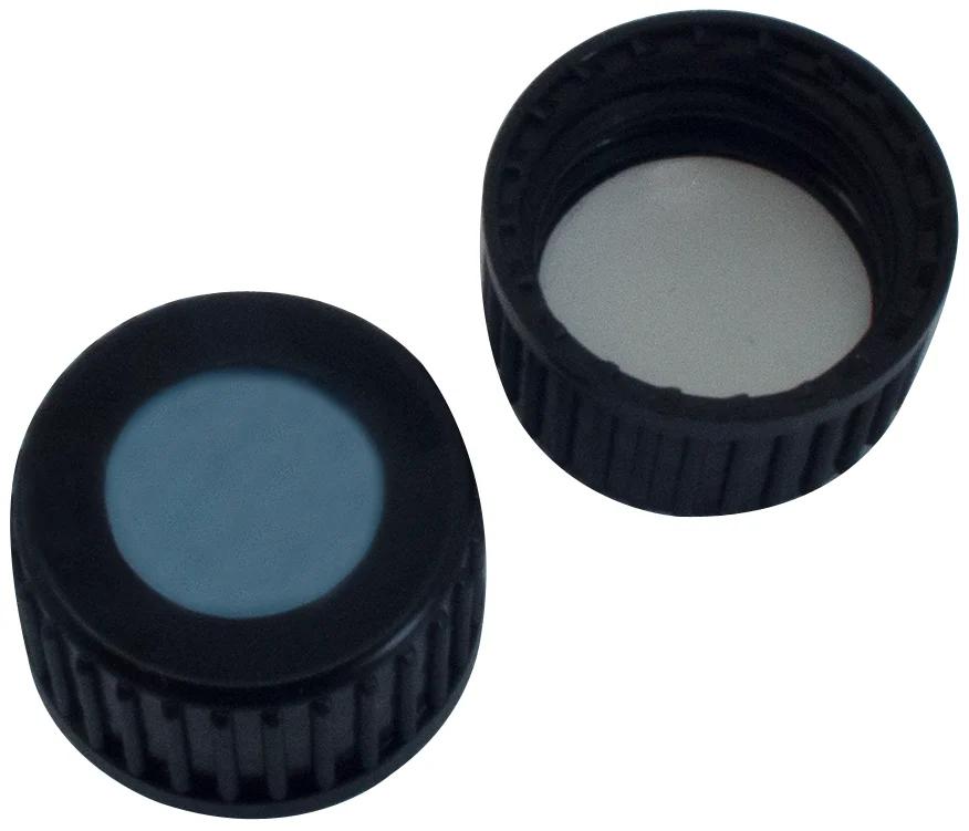 18 mm cap,black with hole, Silicon blue transparent/PTFE white, 35° shore A, 1.7 mm