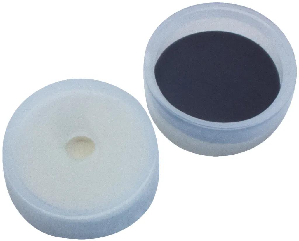 22 mm PE Cap transpararent for 20 mm crimped bottles x 8.4mm, 4.3mm centre hole, Butyl red/PTFE grey