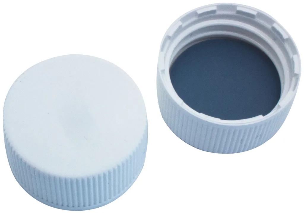24 mm PP-Schraubkappe,weiß, geschlossen Butyl rot / PTFE grau, 55° shore A, 2,5 mm