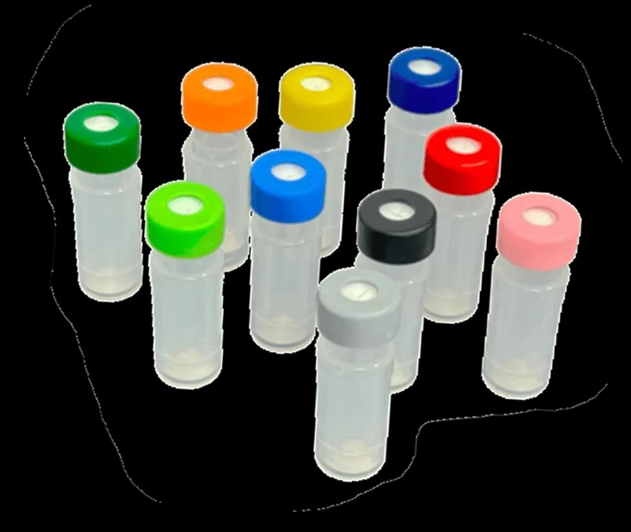 Filter Vial, Membrane RC (regenerierte Zellulose), 0,45 µm, inkl. 11 mm PE Schnappringkappe, schwarz, mit Loch; Silikon weiß/PTFE rot, 45° shore A, 1,0mm, kreuzgeschlitzt